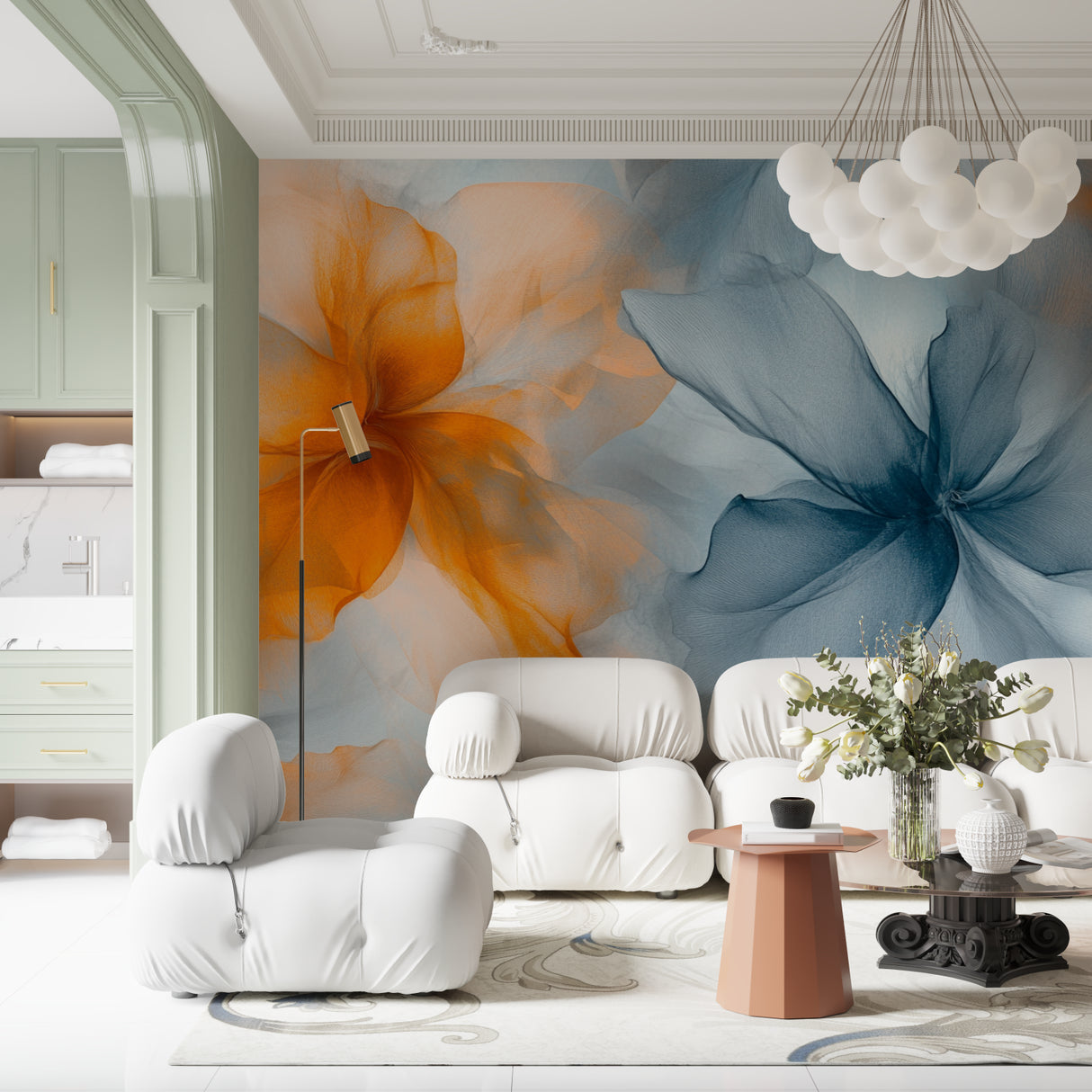 Orange and blue watercolor floral mural in master bedroom bringing calm, artistic vibes