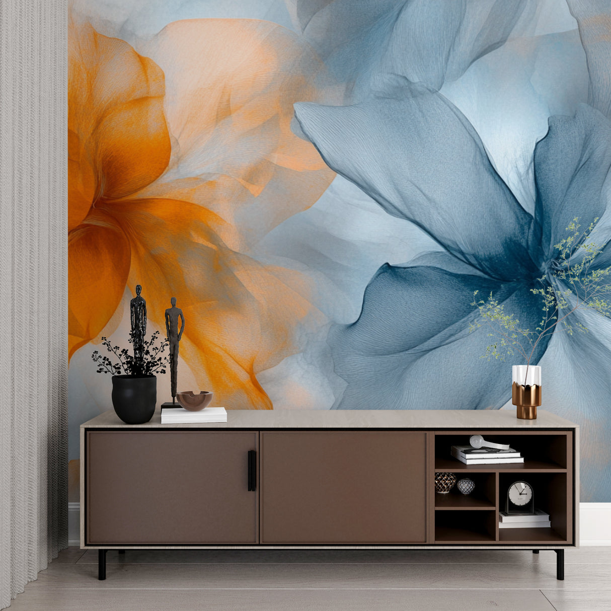 Home office space with modern floral wallpaper showing floating orange and blue watercolor blooms
