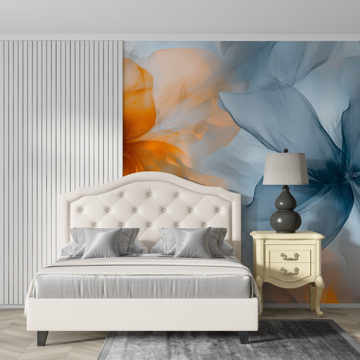 Entryway decorated with orange and blue watercolor floral mural creating welcoming atmosphere