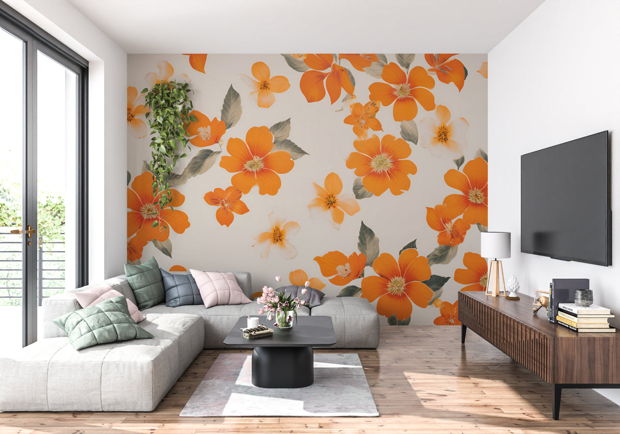 Orange Floral Wallpaper bringing warmth to a modern living room with white furniture