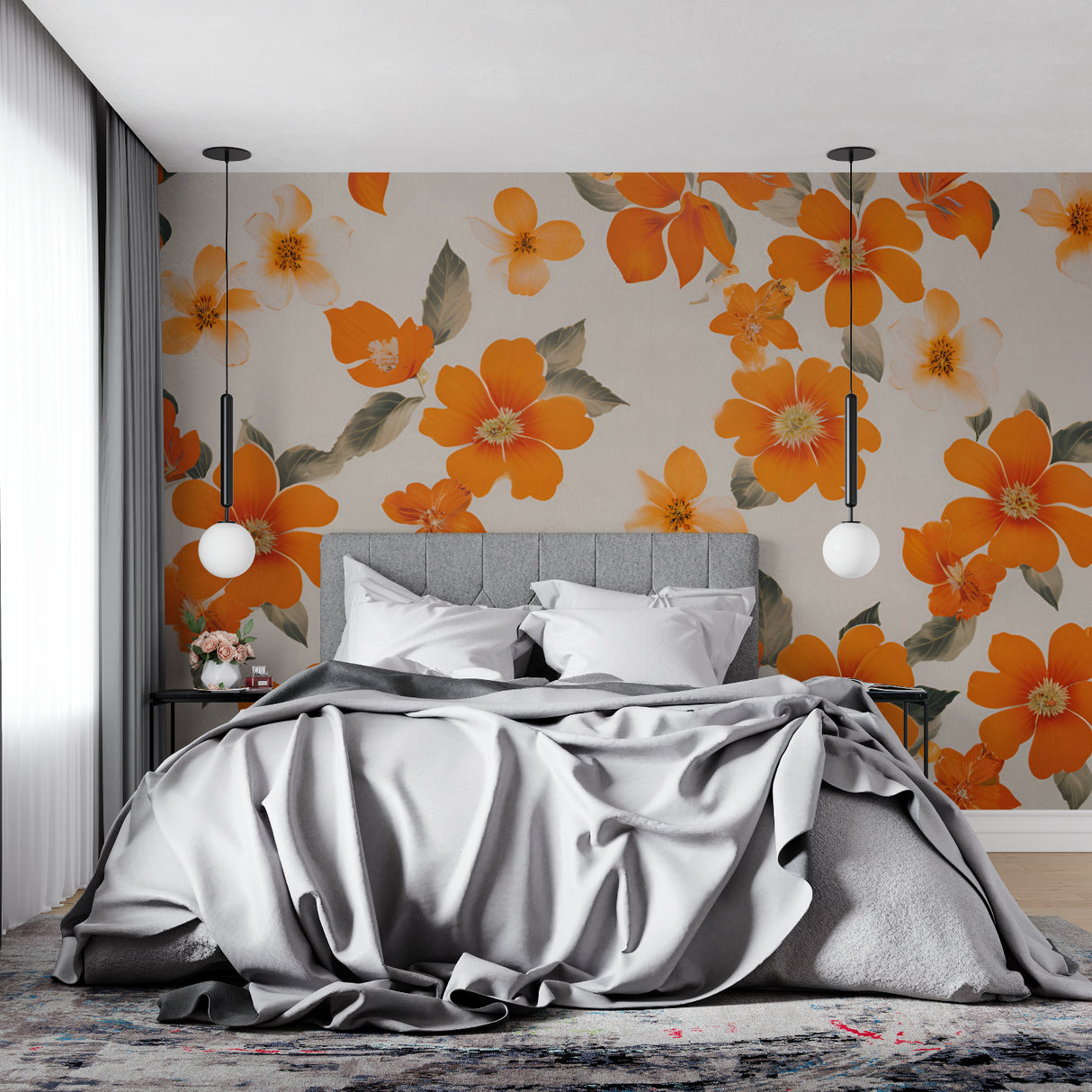 Modern Floral Wallpaper transforming a home office with orange blooms