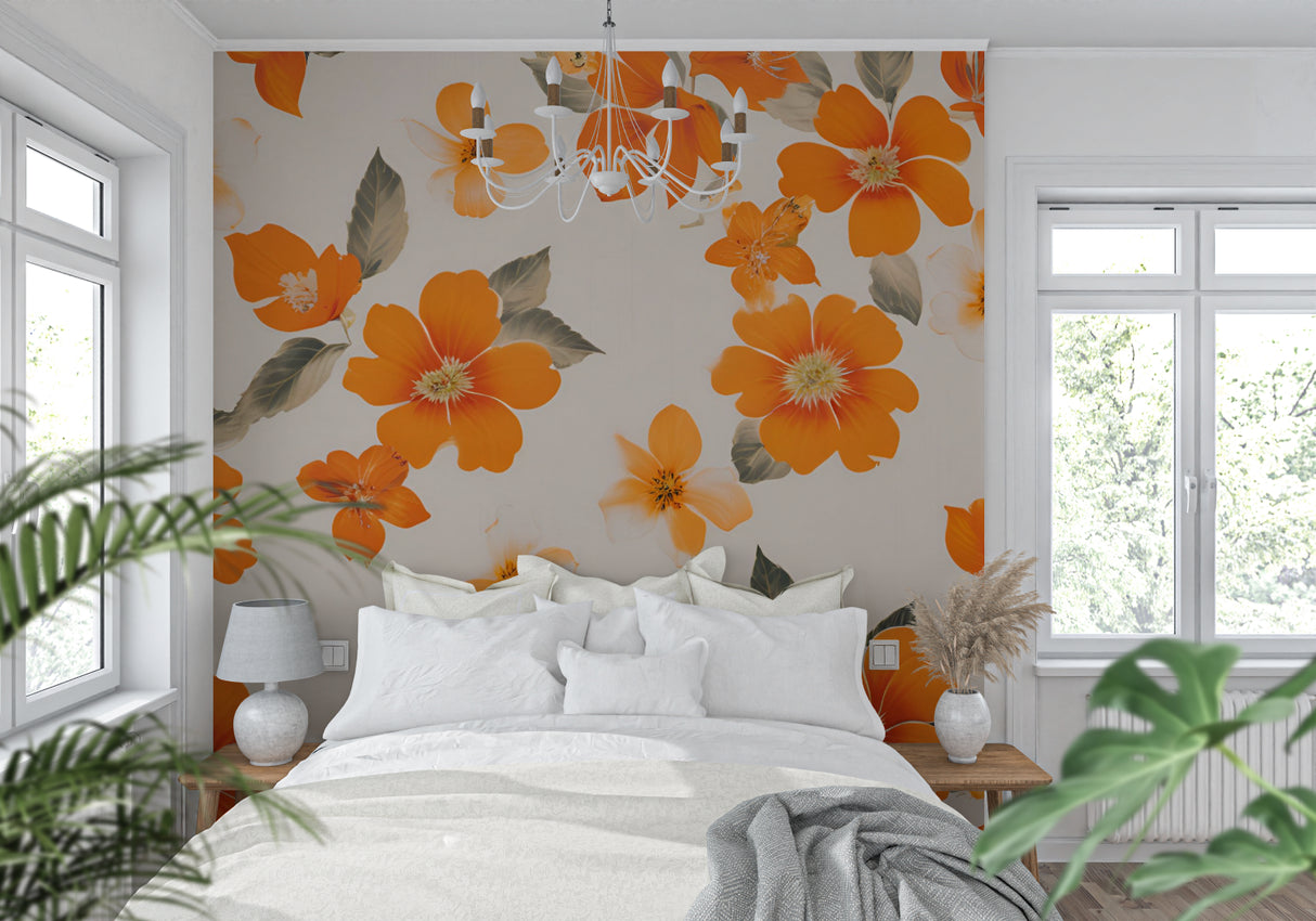 Orange Flower Wallpaper creating a stunning backdrop in a bright bedroom