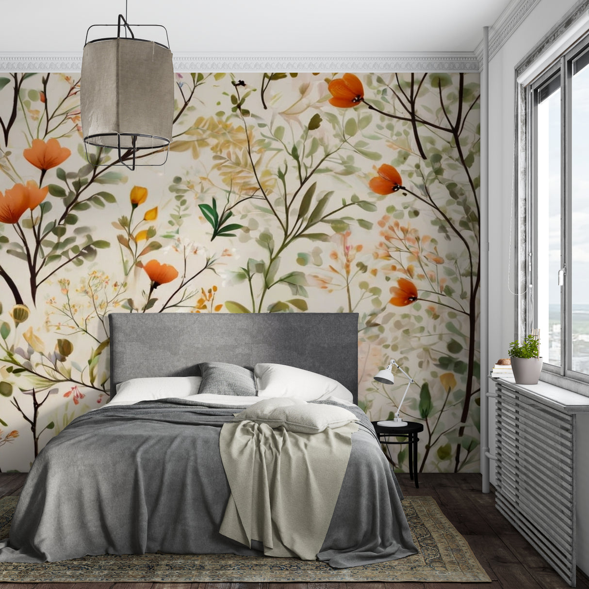 Orange blossom floral wallpaper in bright modern living room with natural light