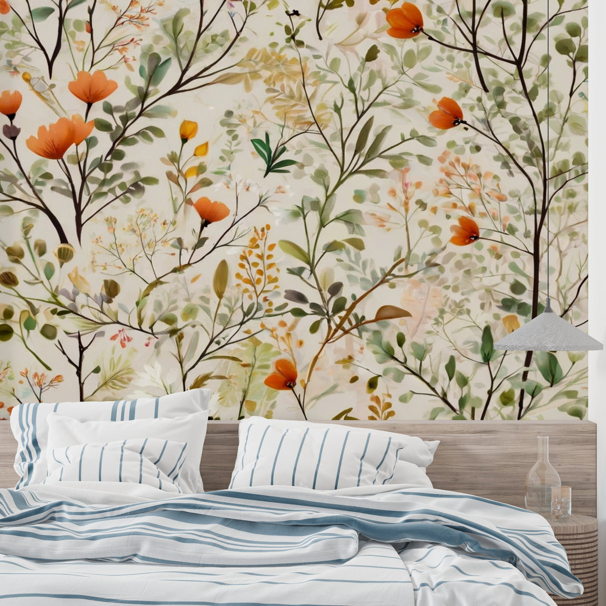 Botanical wall mural with orange flowers in cozy bedroom setting