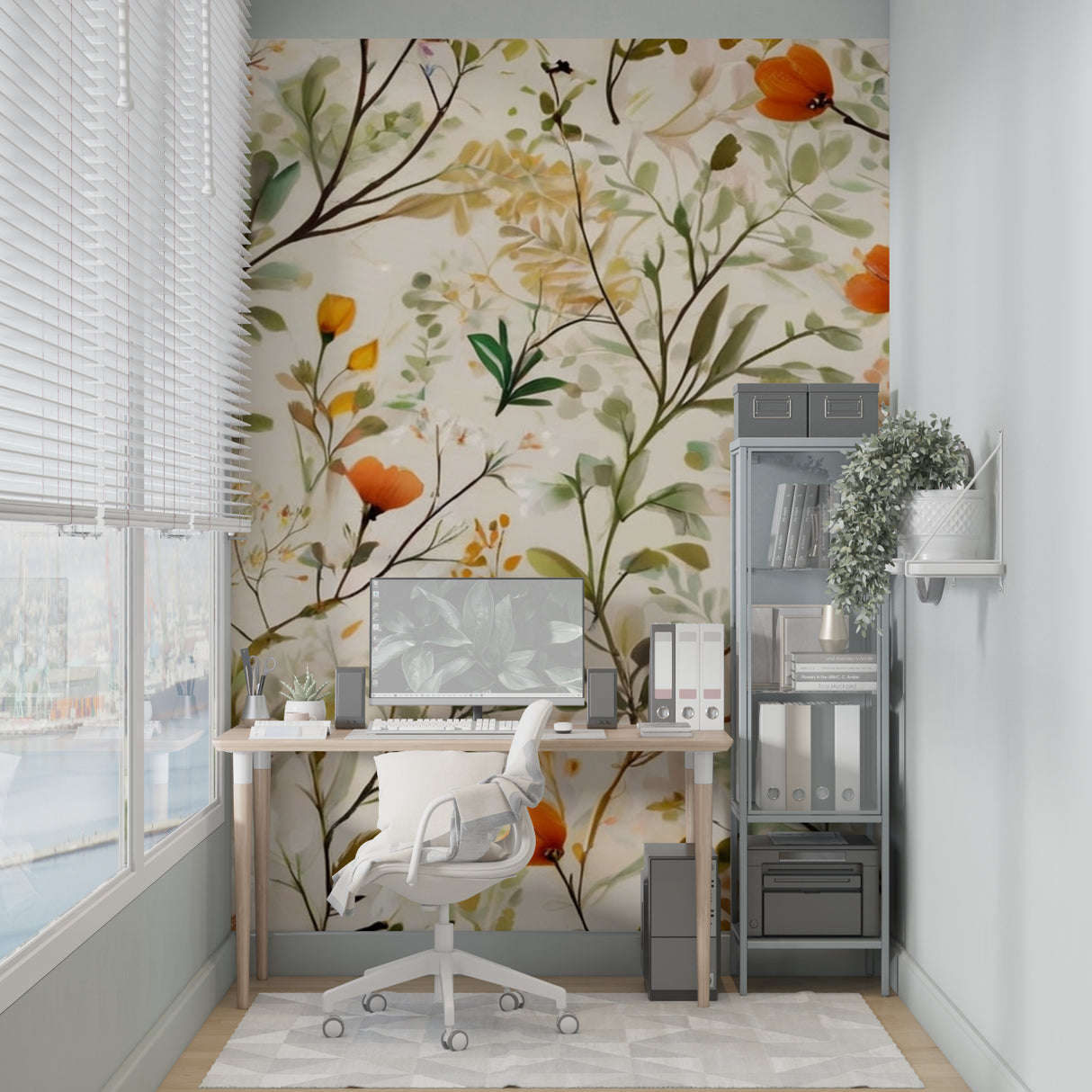 Fresh floral wall design featuring orange blooms in stylish dining room