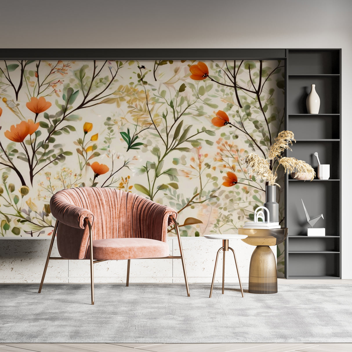 Orange blossom wallpaper creating focal point in home office space