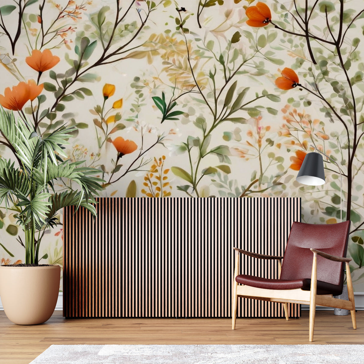 Floral wall mural brightening up hallway with orange and green tones
