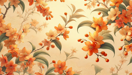 Oriental Camellia wallpaper design file showing detailed orange blooms and sage green leaves pattern