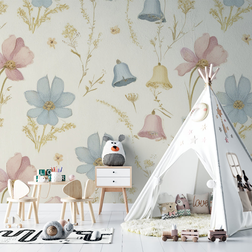 Floral nursery wallpaper with pastel bells and blossoms bringing soft charm to a baby's room