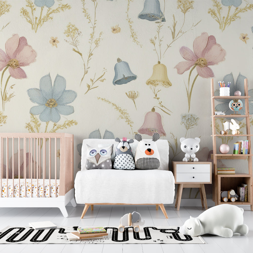 Botanical wall mural with gentle flowers creating a peaceful atmosphere in a girl's bedroom