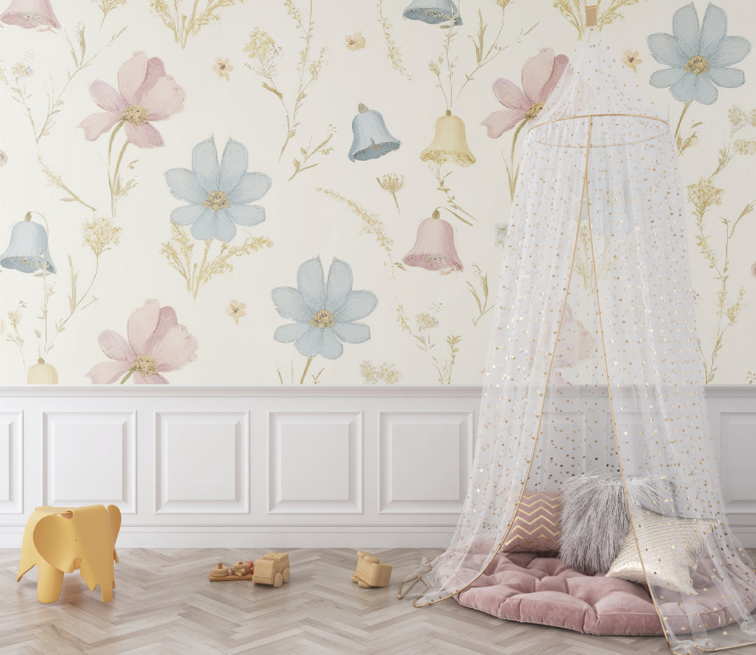 Pastel floral wallpaper adding a fresh touch to a modern living room setting