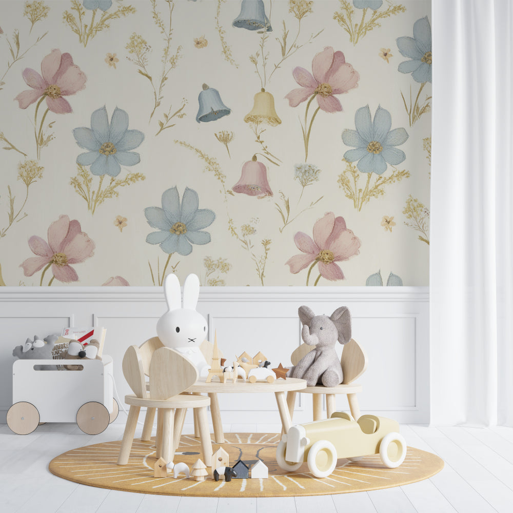 Flower wall mural showcasing delicate bell patterns in a bright home office