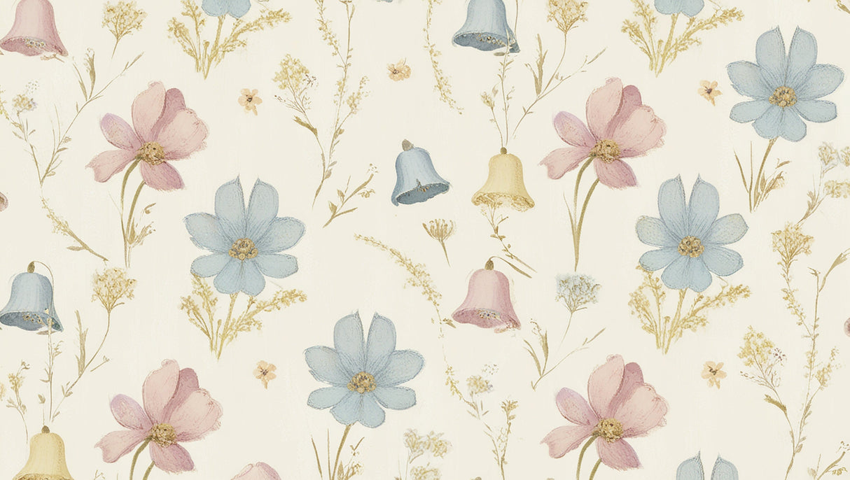 Design file showing detailed pattern of pastel bells and blossoms on cream background