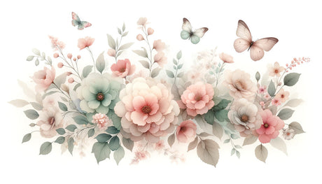 Pastel butterfly and blooms wallpaper design file showing delicate floral pattern with soft watercolor effect