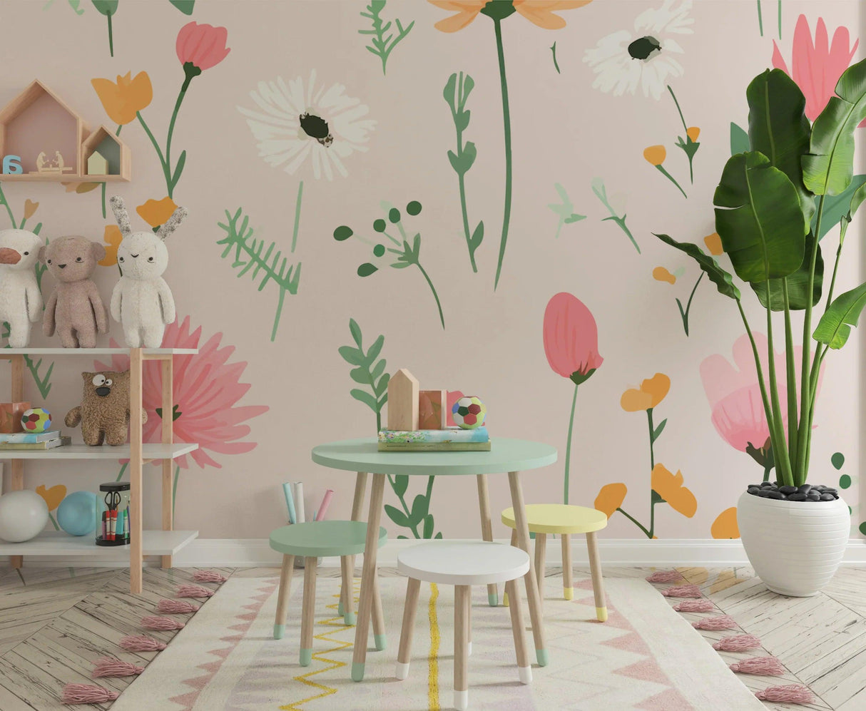 Garden flower wallpaper featuring soft pink and white blooms in a peaceful master bedroom