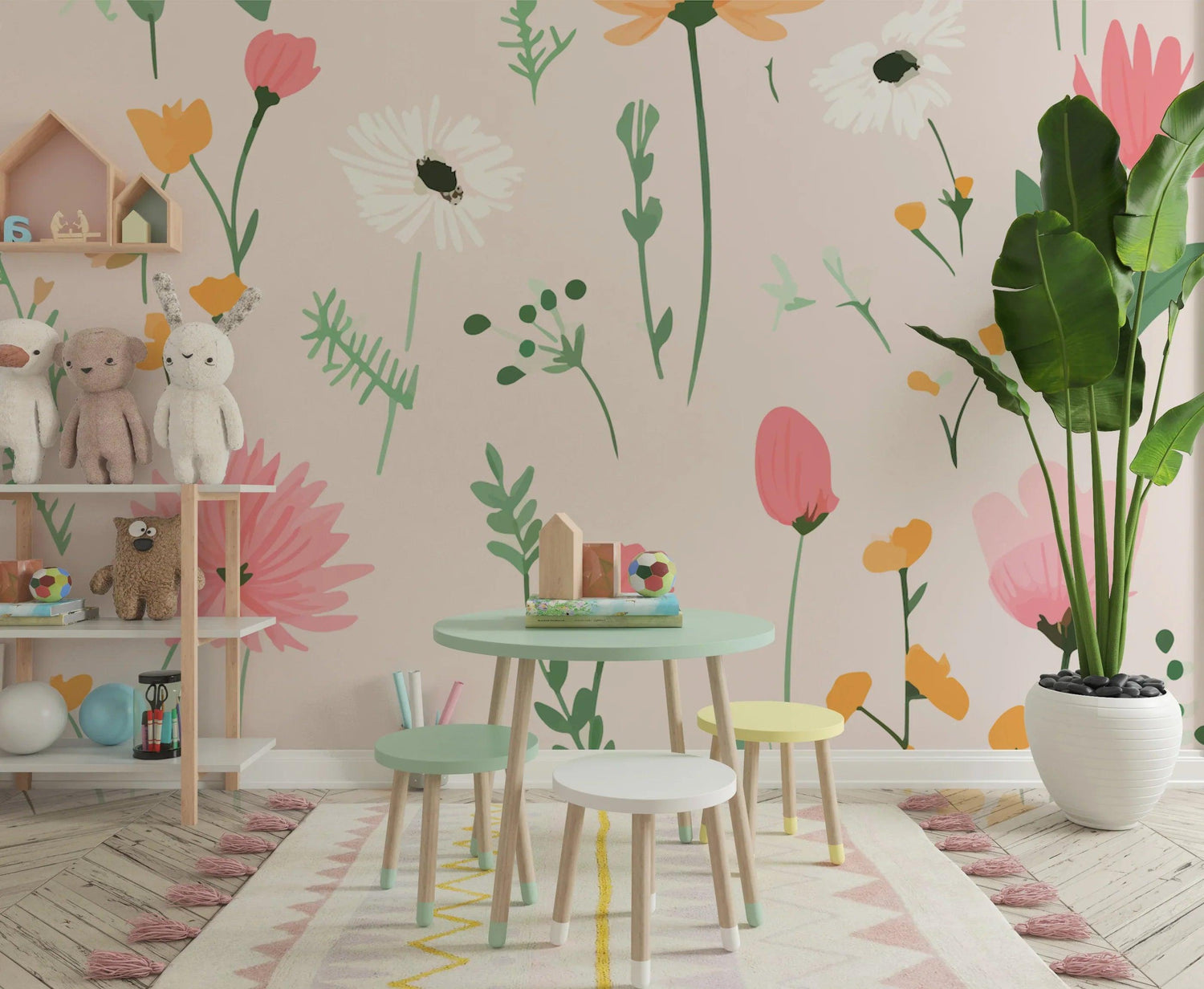 Garden flower wallpaper featuring soft pink and white blooms in a peaceful master bedroom
