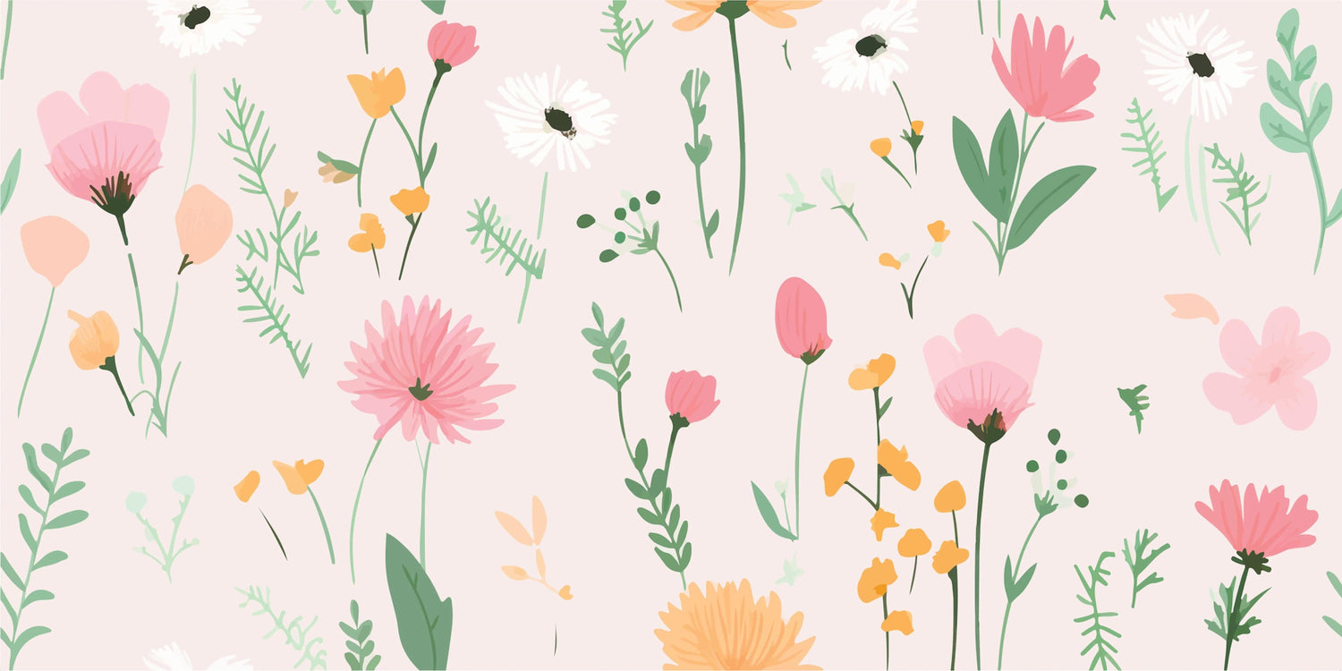 Design file of pastel garden wallpaper with delicate poppies and daisies pattern