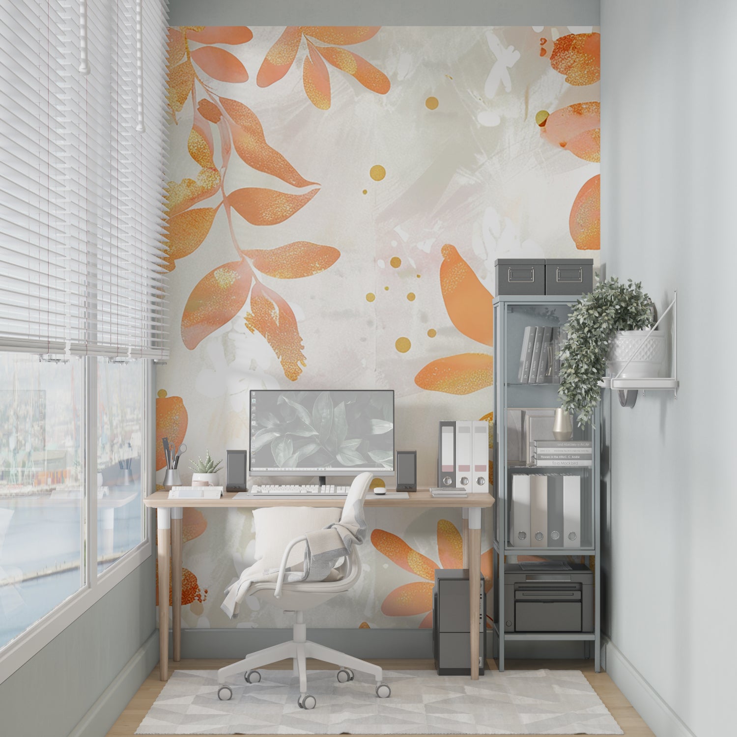 Peach and gold leaf wallpaper in bright modern living room showing scale and elegance of floral pattern