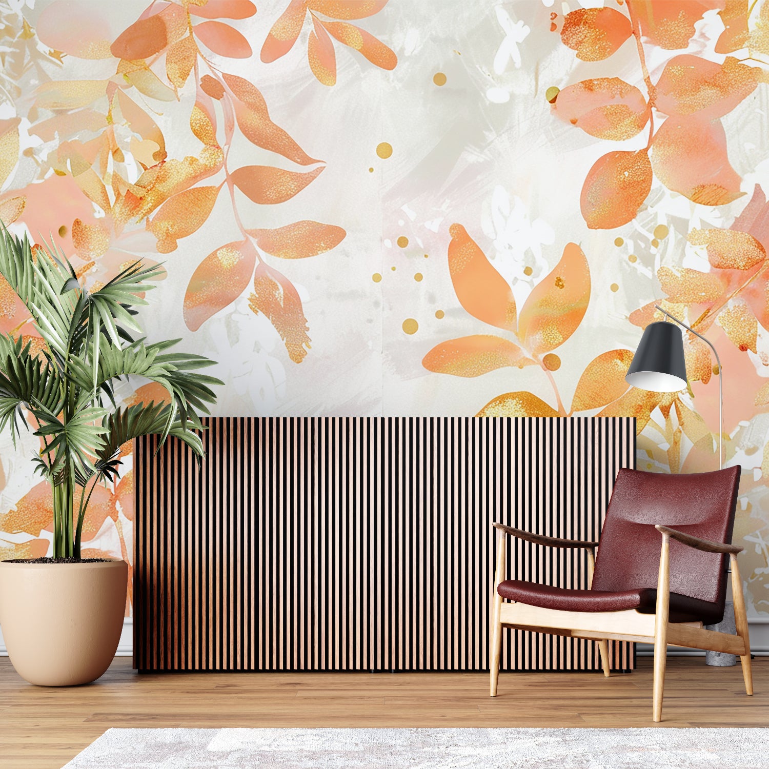 Botanical mural in nursery showing soft peach tones and delicate leaf design