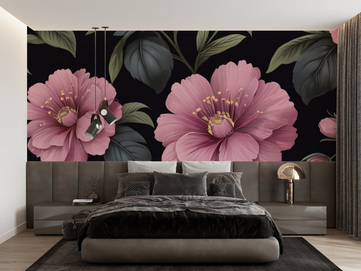 Black and pink flower wall mural brightening up a bedroom with white furniture