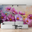Pink Cosmos Floral Wallpaper creating a peaceful atmosphere in a bright modern living room with natural light