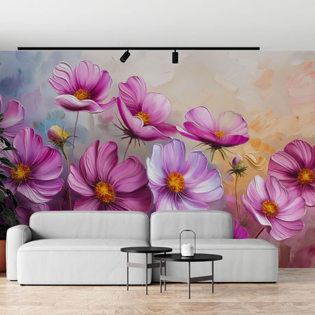 Pink Cosmos Floral Wallpaper creating a peaceful atmosphere in a bright modern living room with natural light