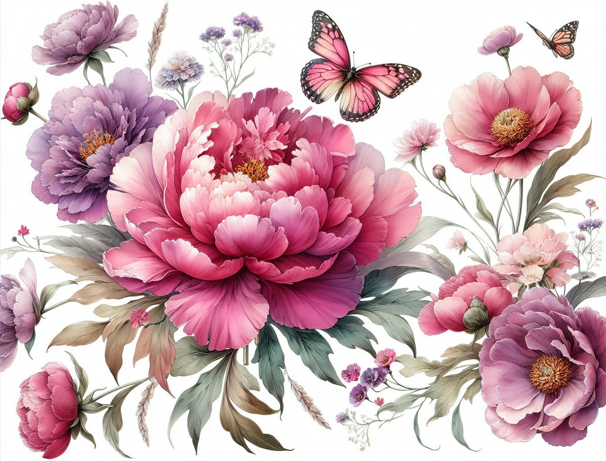 Pink Peony and Butterfly Wallpaper in a bright master bedroom, creating a fresh spring atmosphere with natural light