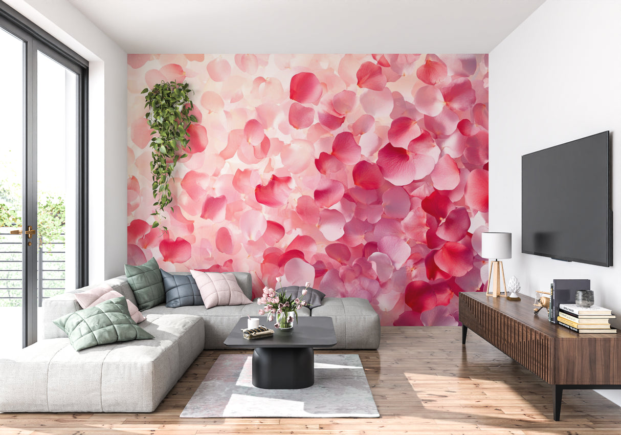 Pink rose petal wallpaper creating a soft, romantic atmosphere in a modern bedroom