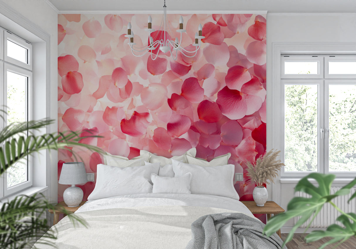 Flowing pink floral wallpaper adding elegance to a bright dining room