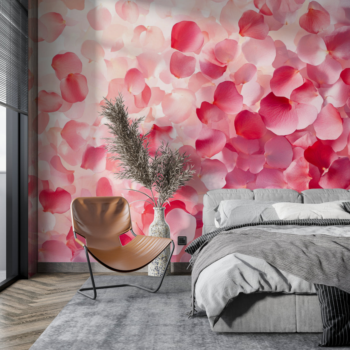 Pink rose mural wallpaper bringing warmth to a living room space