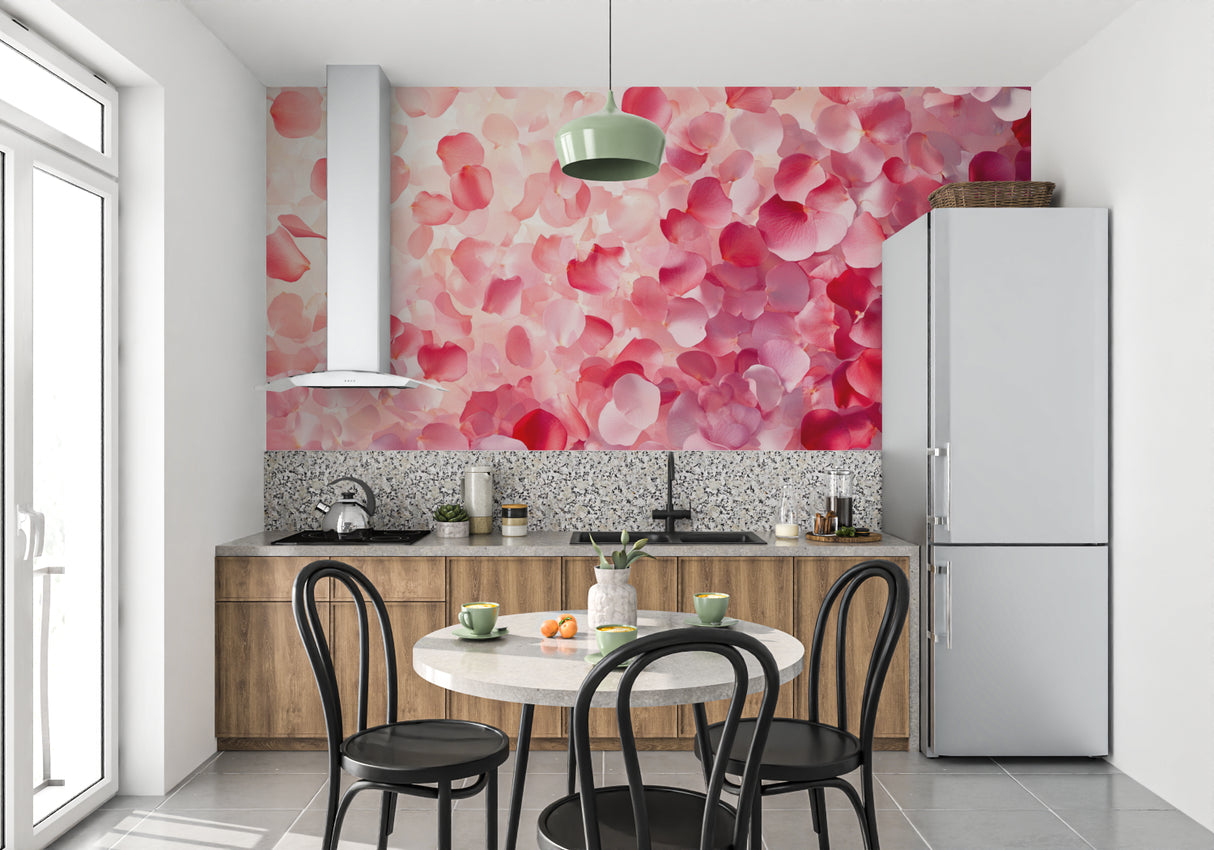Rose petal wall mural enhancing a cozy home office setup