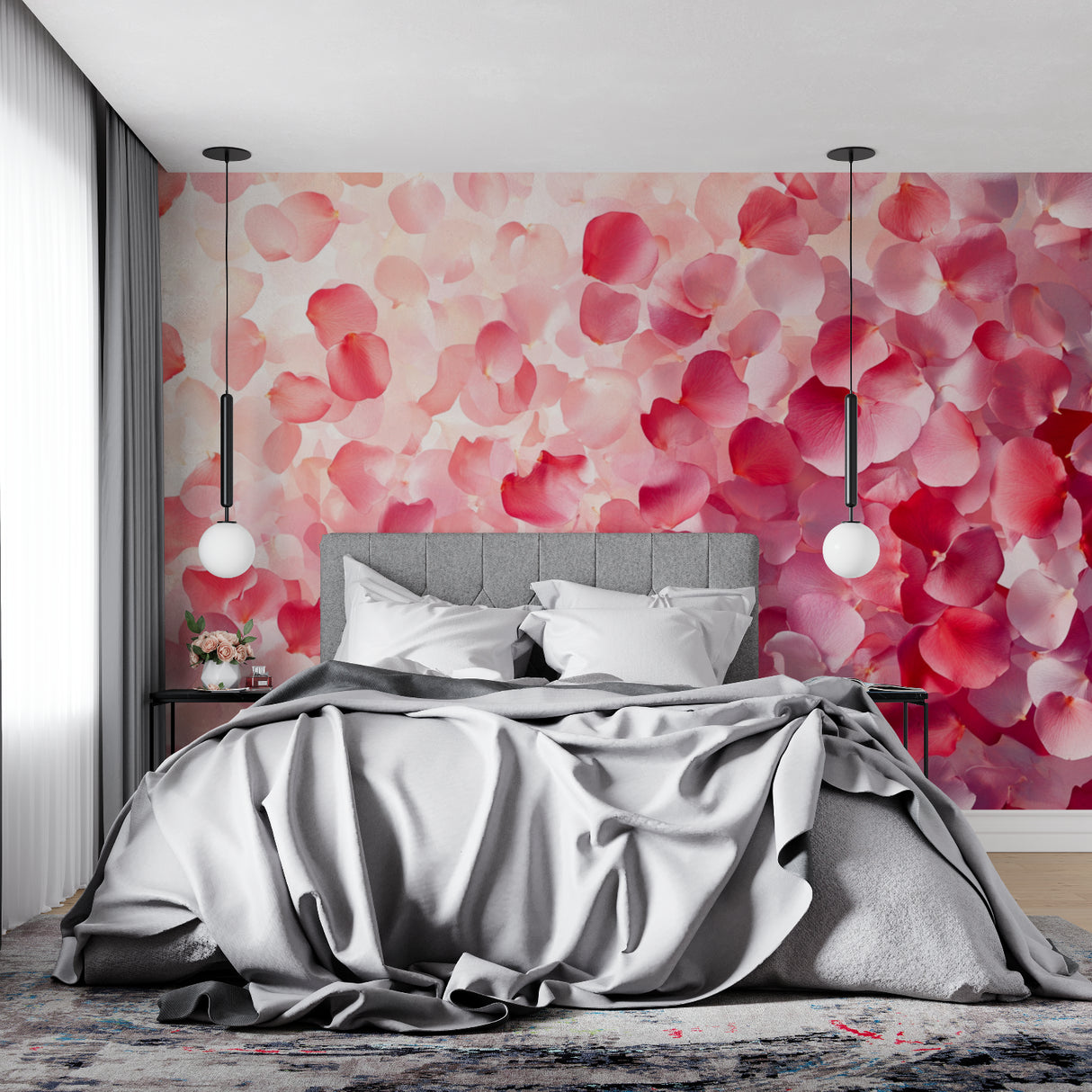 Pink floral wallpaper creating a peaceful reading nook atmosphere
