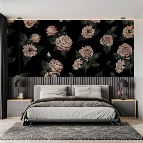 Black and pink floral wallpaper mural in modern dining room with crystal chandelier