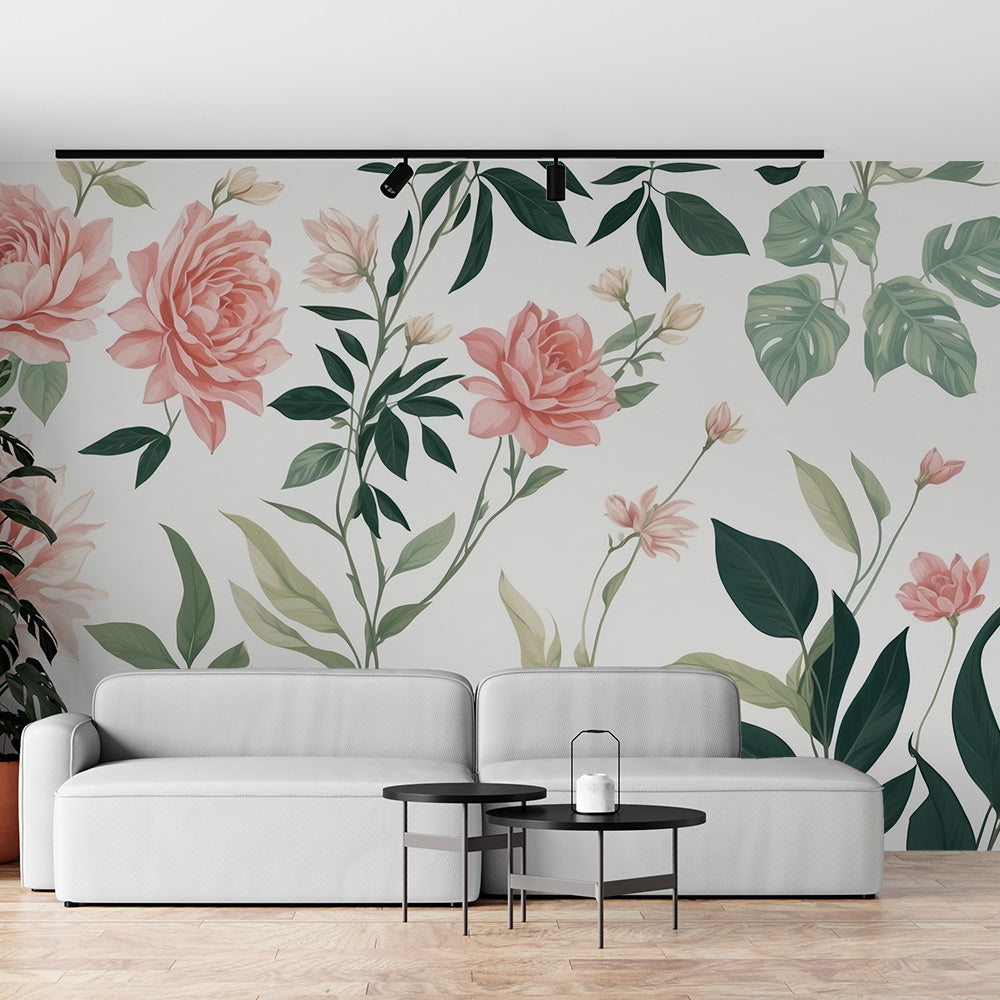Pink rose and monstera wallpaper creating a fresh garden feel in a bright living room with modern furniture