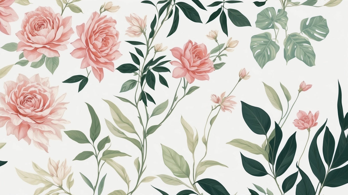 Detailed design file of pink roses and monstera leaves pattern on white background