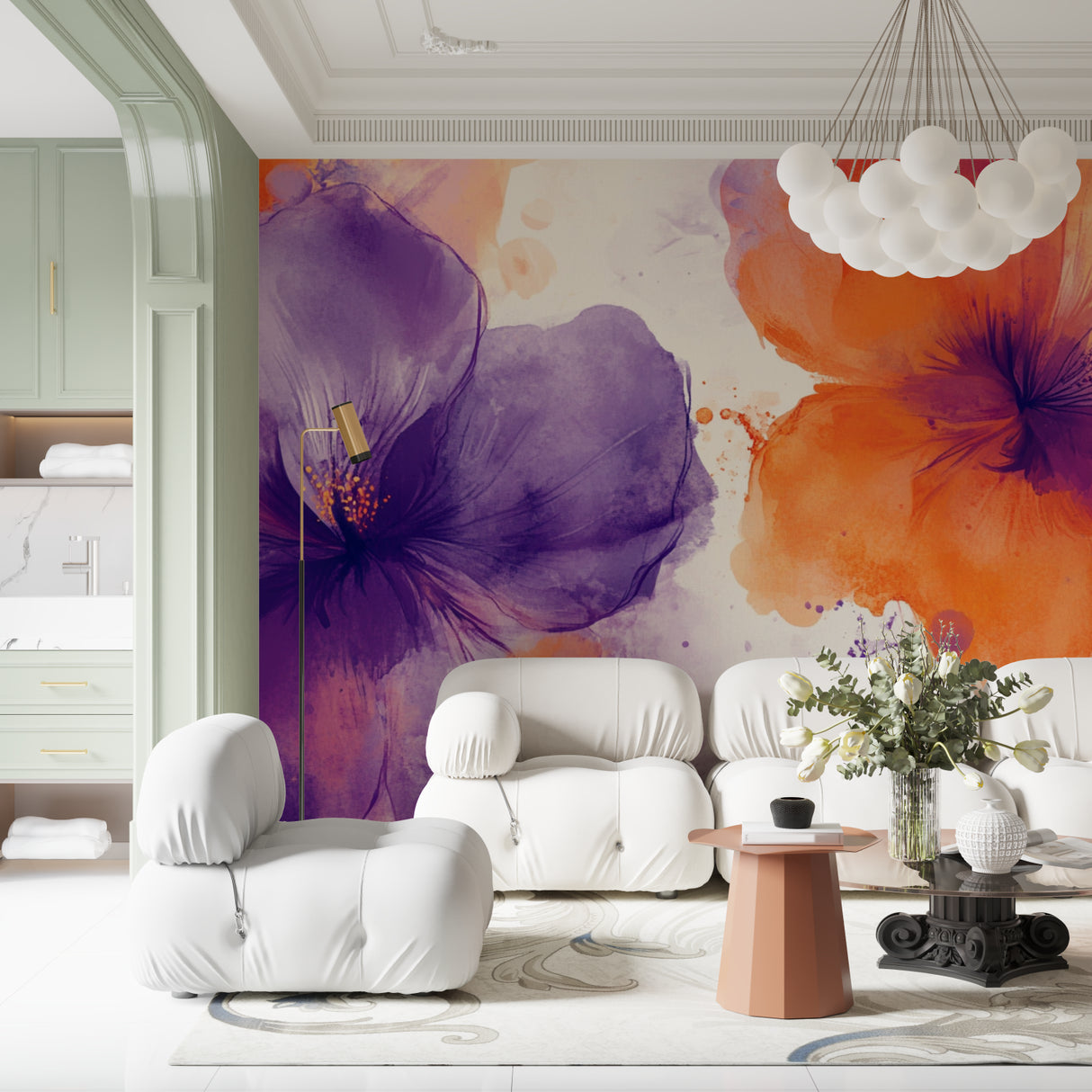 Purple and orange watercolor floral mural in bright modern living room setting