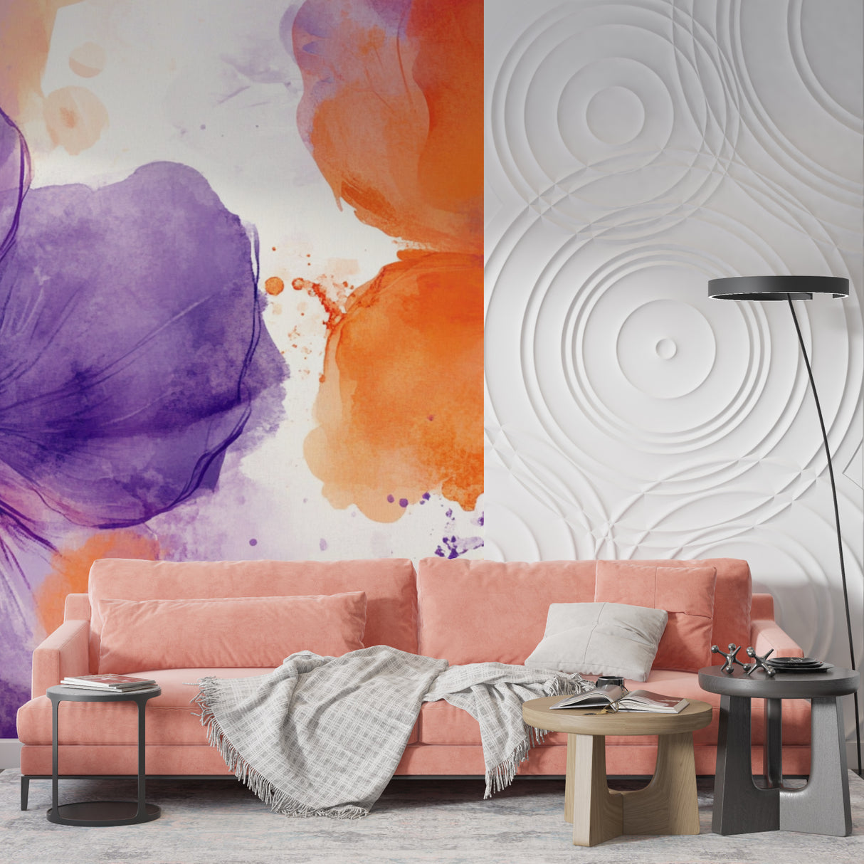 Watercolor flower wallpaper creating drama in dining room space