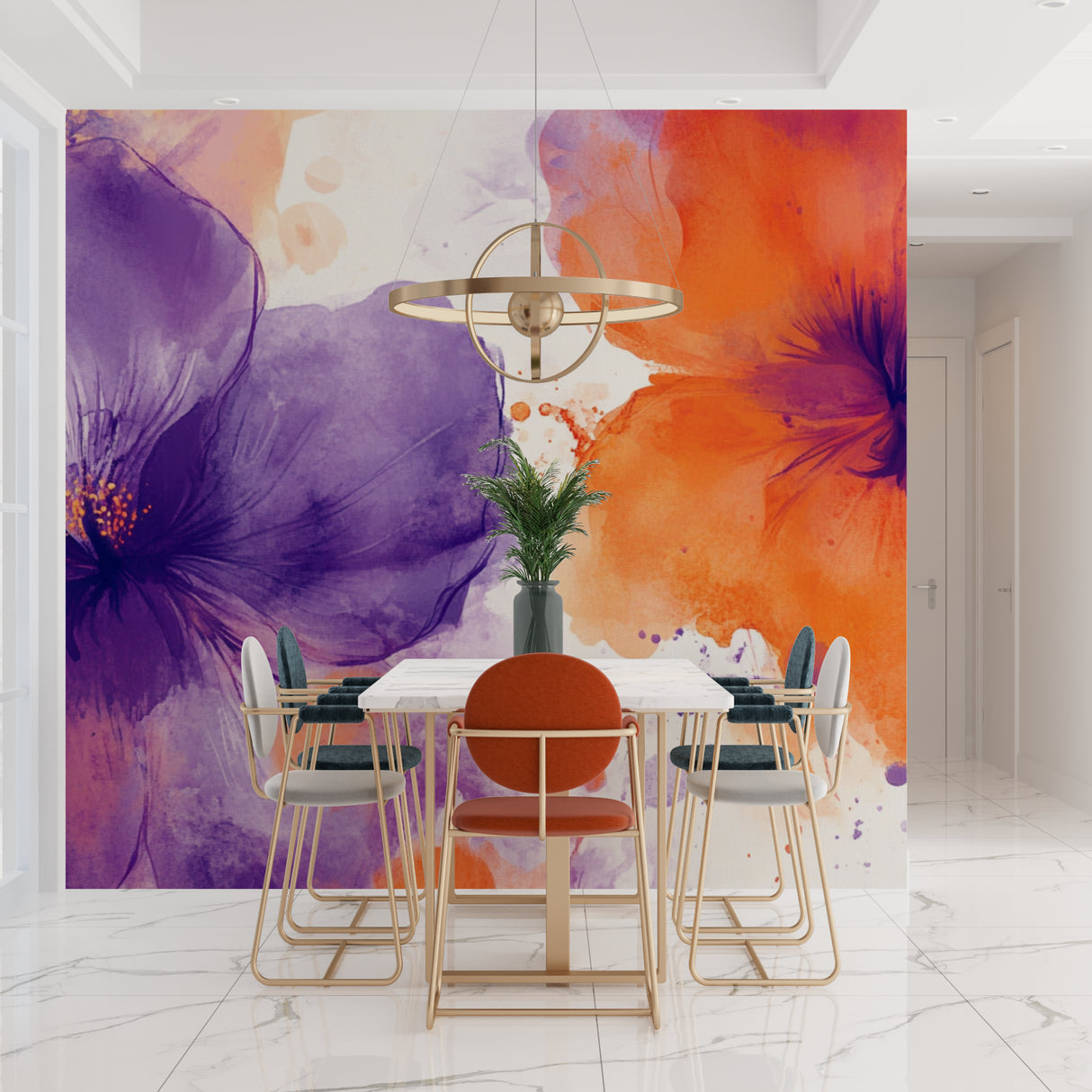 Abstract floral mural adding color to minimalist bedroom