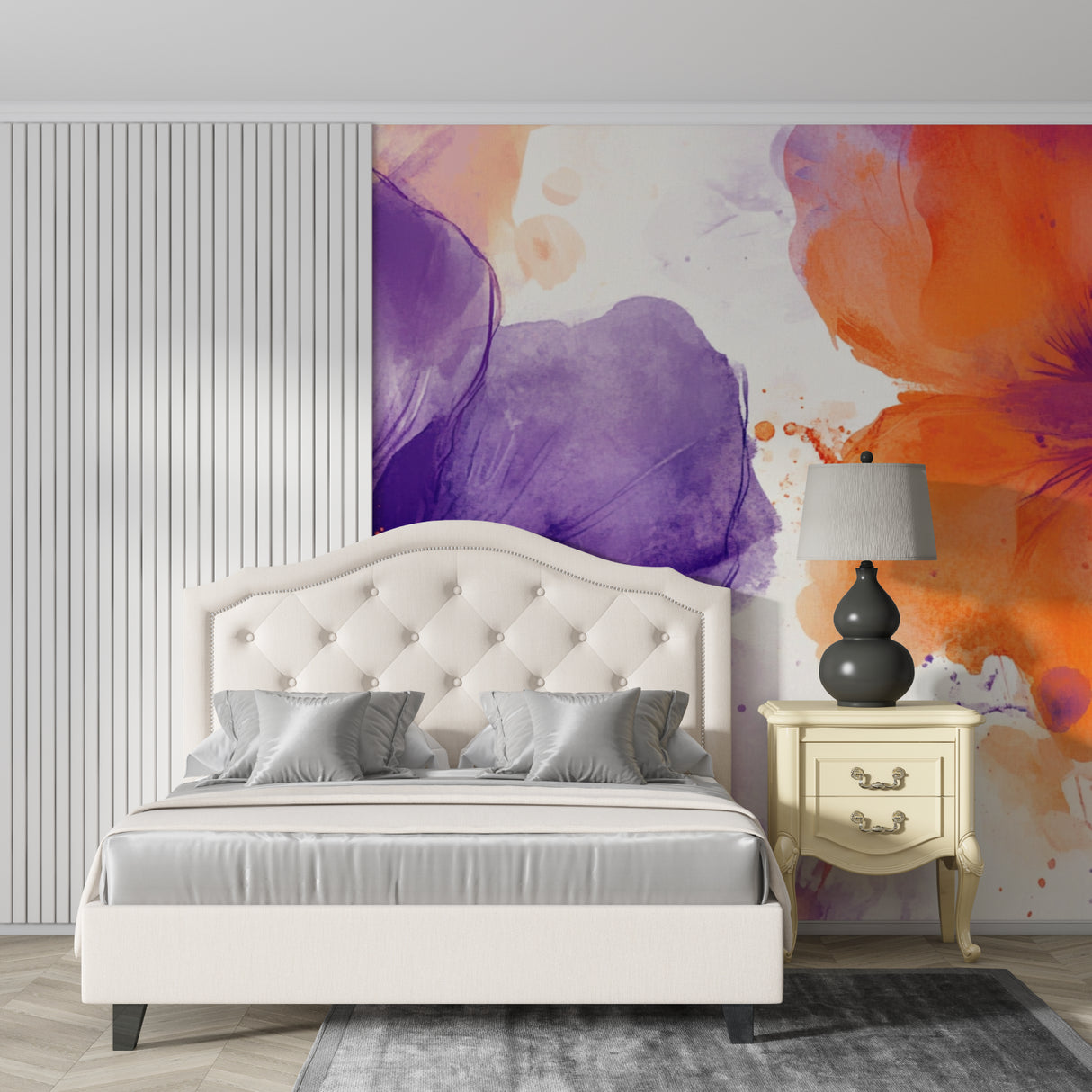 Purple watercolor wallpaper brightening home office setting