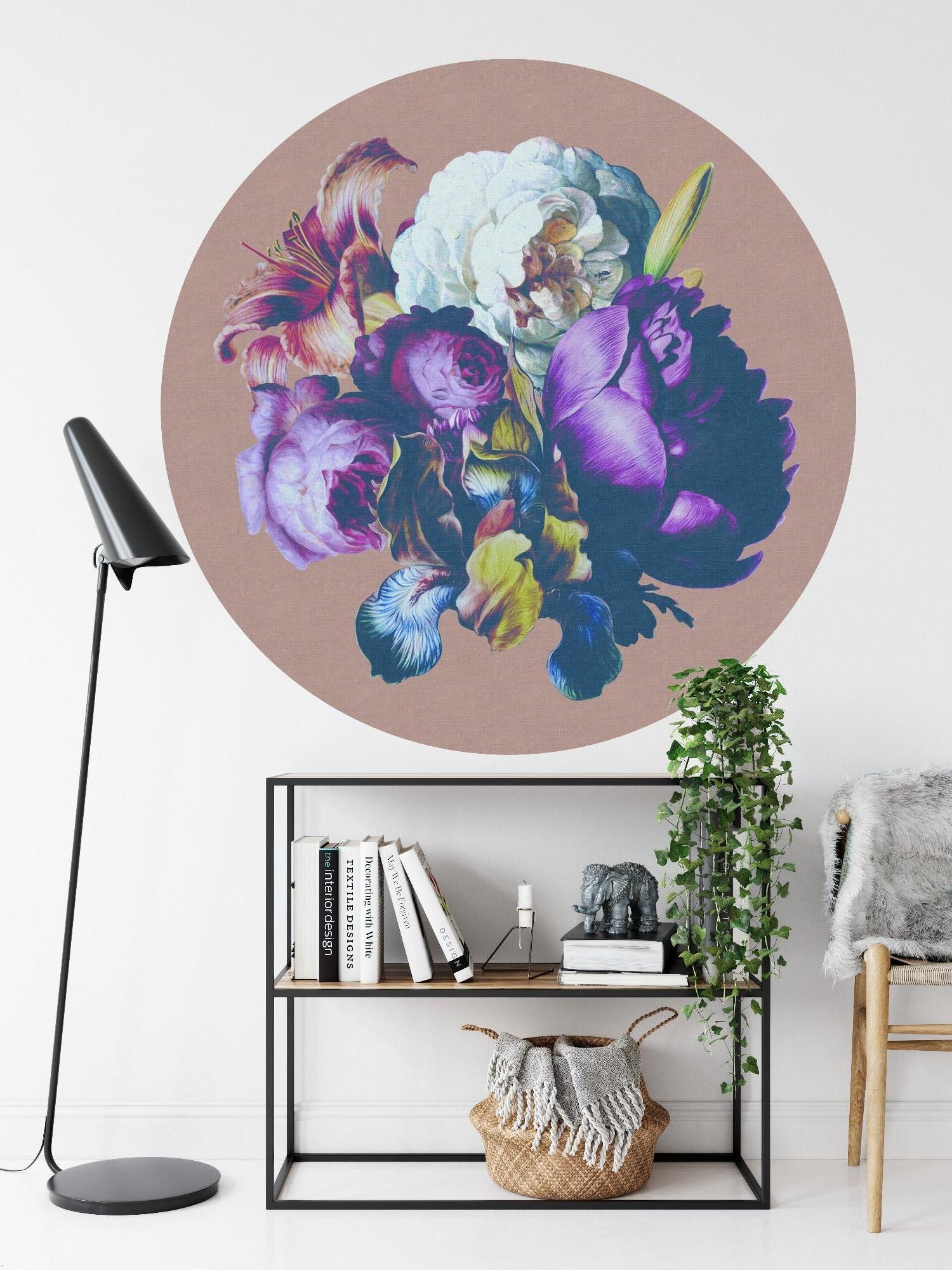Master bedroom with purple floral circle wallpaper adding sophistication