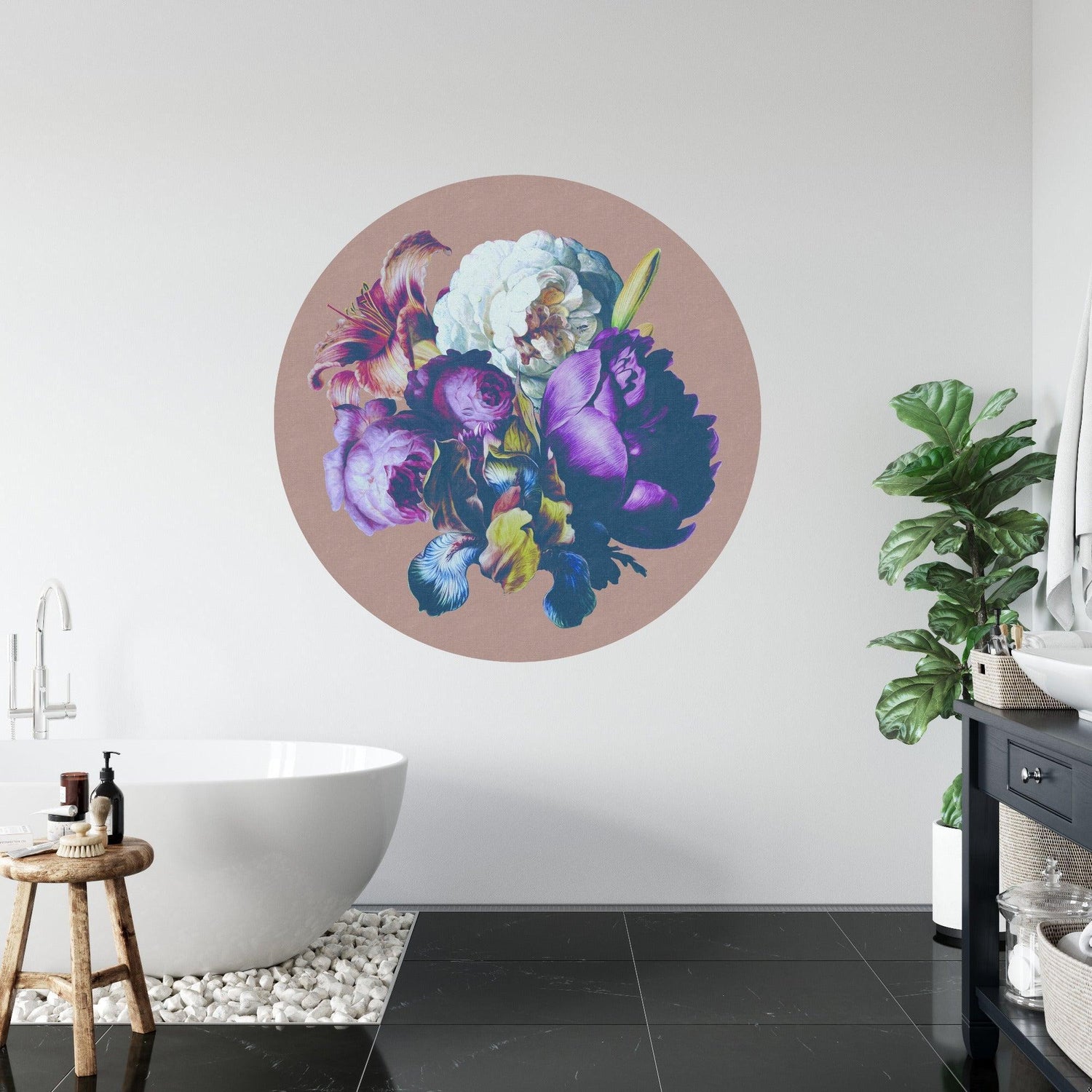 Home office transformed with beige and purple circular flower wall mural