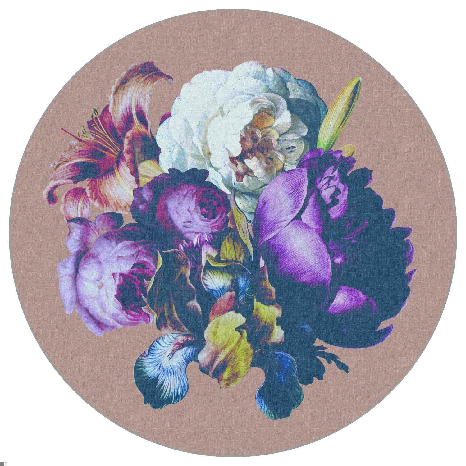 Design file showing detailed purple and white botanical pattern on beige circular background
