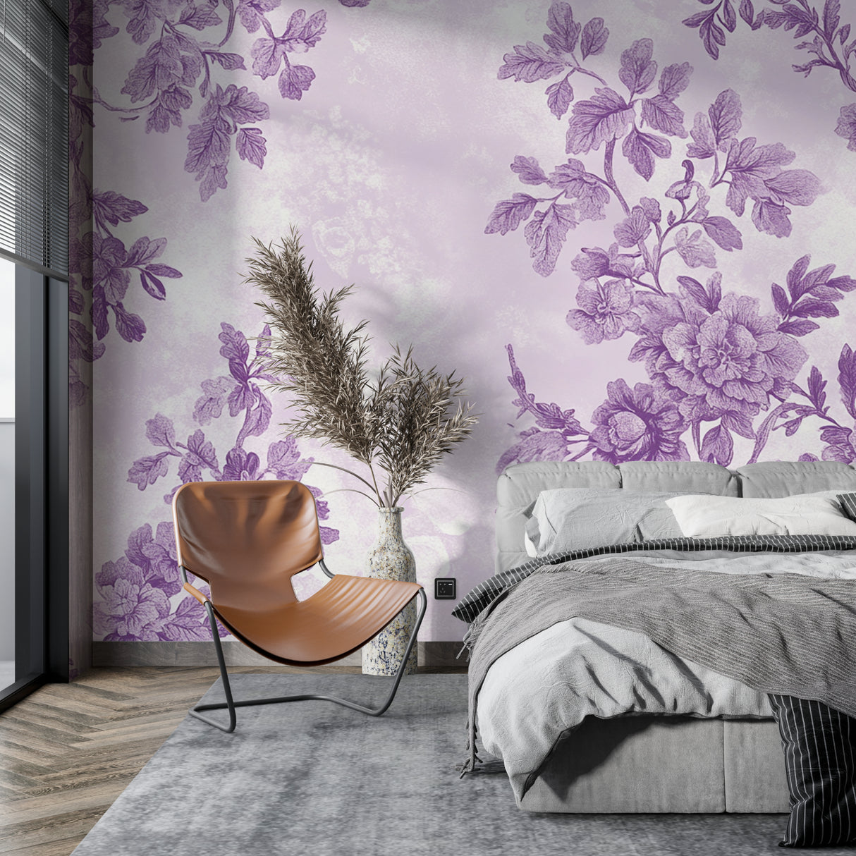 Purple floral wallpaper creating a calm atmosphere in a modern living room