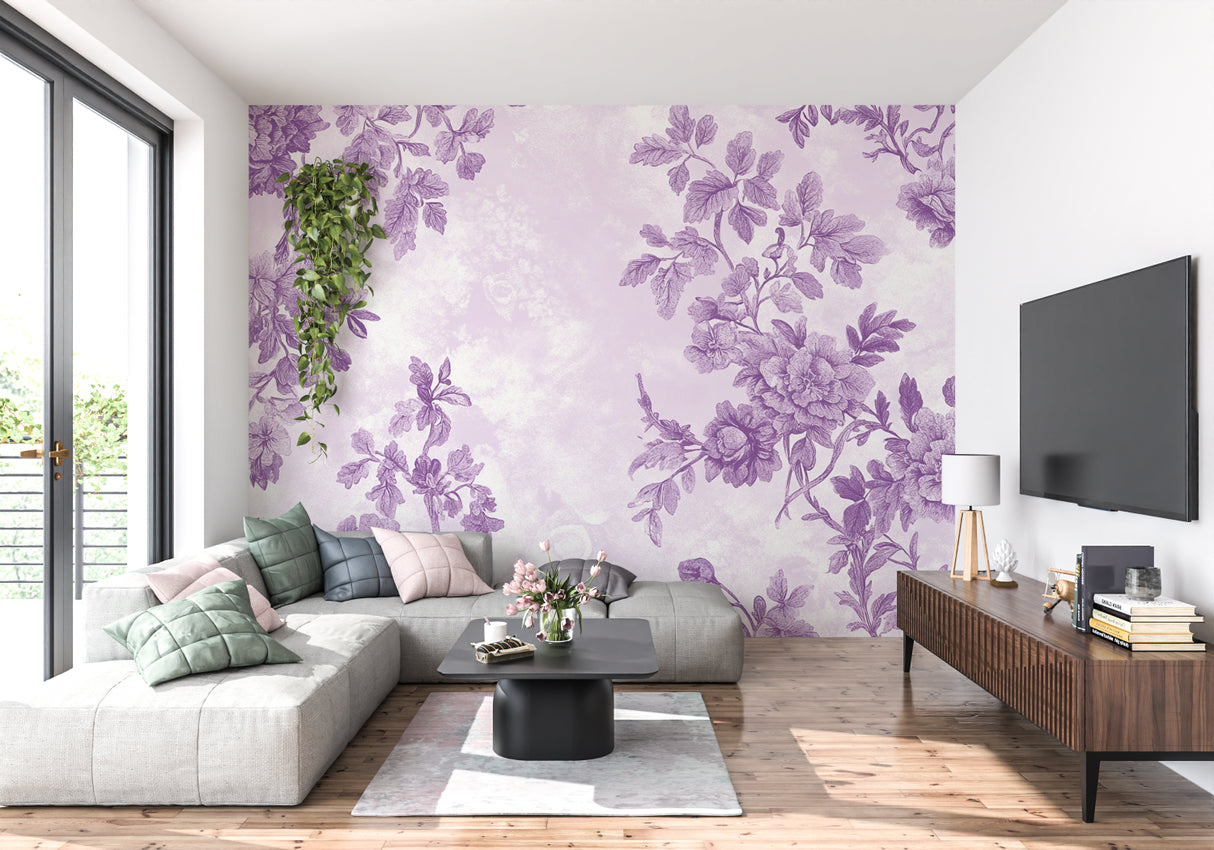 Botanical wall mural with purple blooms brightening a master bedroom