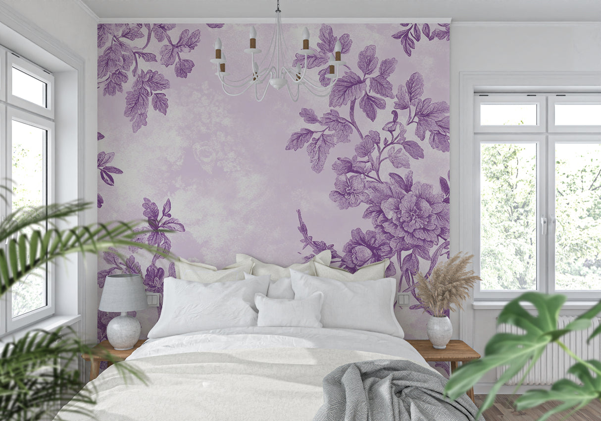 Purple flower wallpaper adding elegance to a home office space