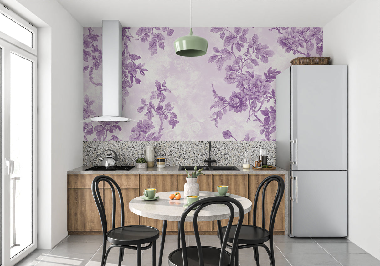 Floral wall mural transforming a dining room with soft purple tones