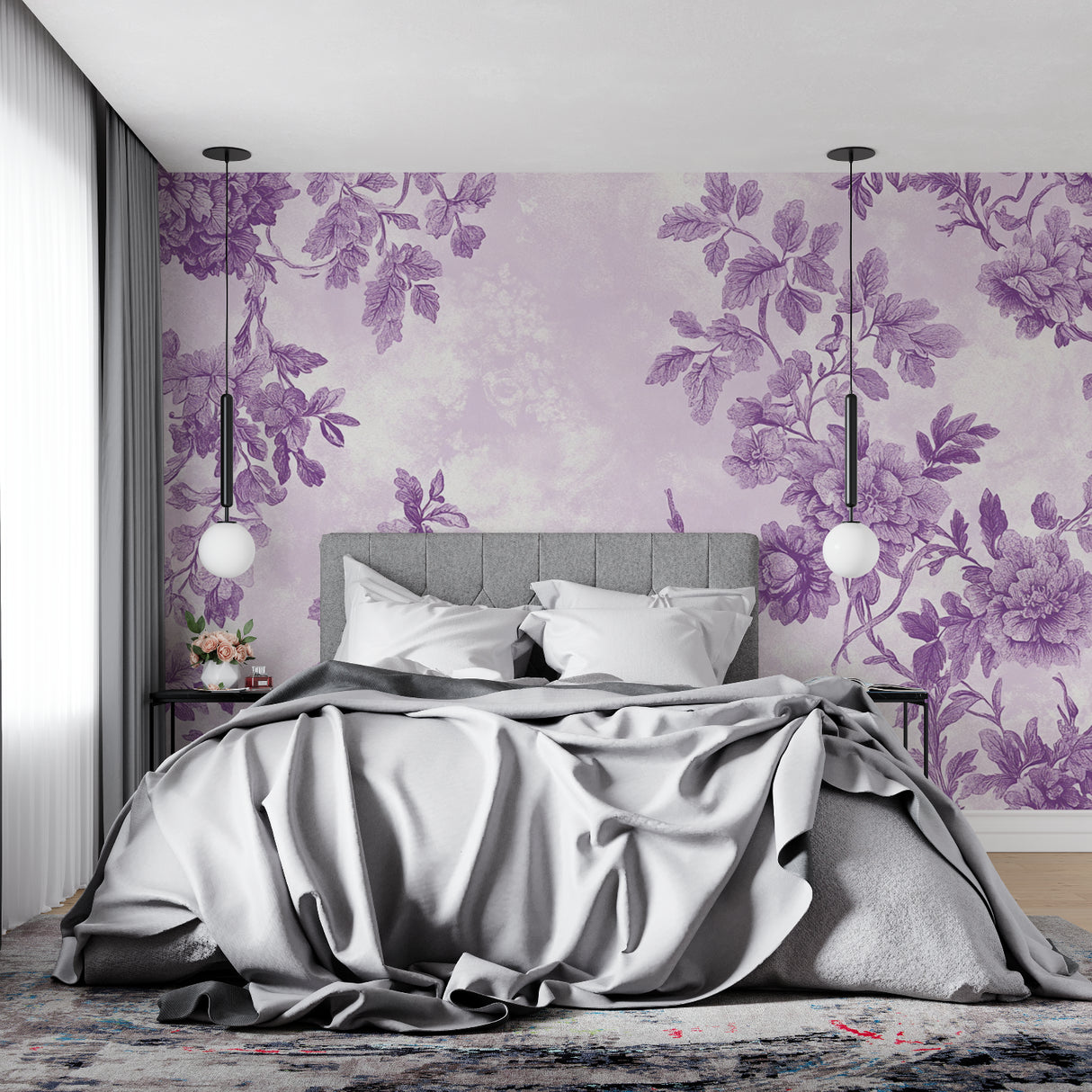 Purple blossom wallpaper making a statement in an entrance hall