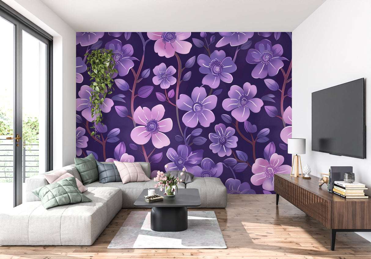 Purple floral wallpaper creating a cozy atmosphere in a modern living room with natural light