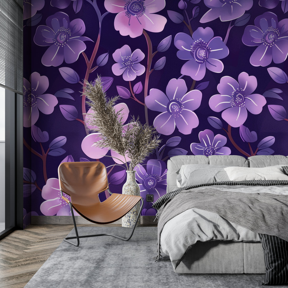 Home office space with purple floral mural creating a peaceful work environment