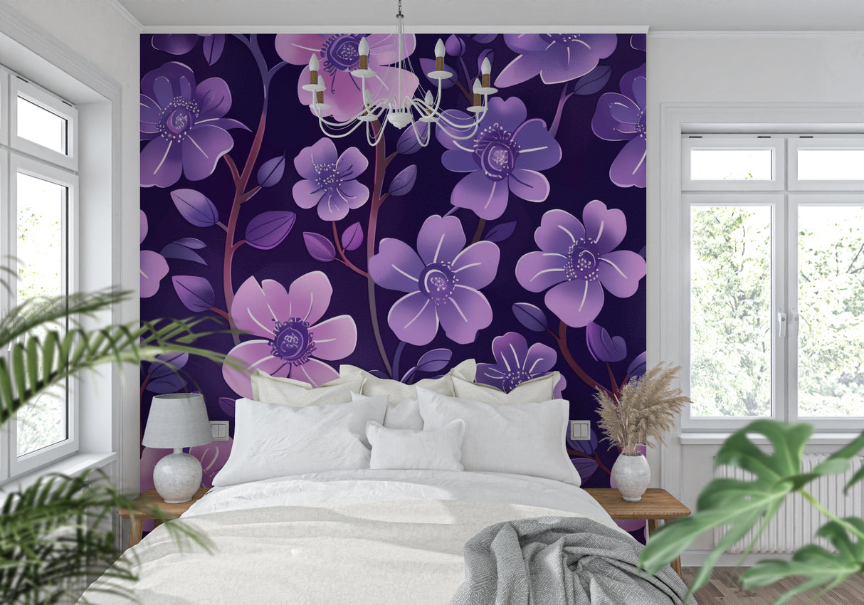 Dining room showcase of purple flower wallpaper adding elegance to meal times